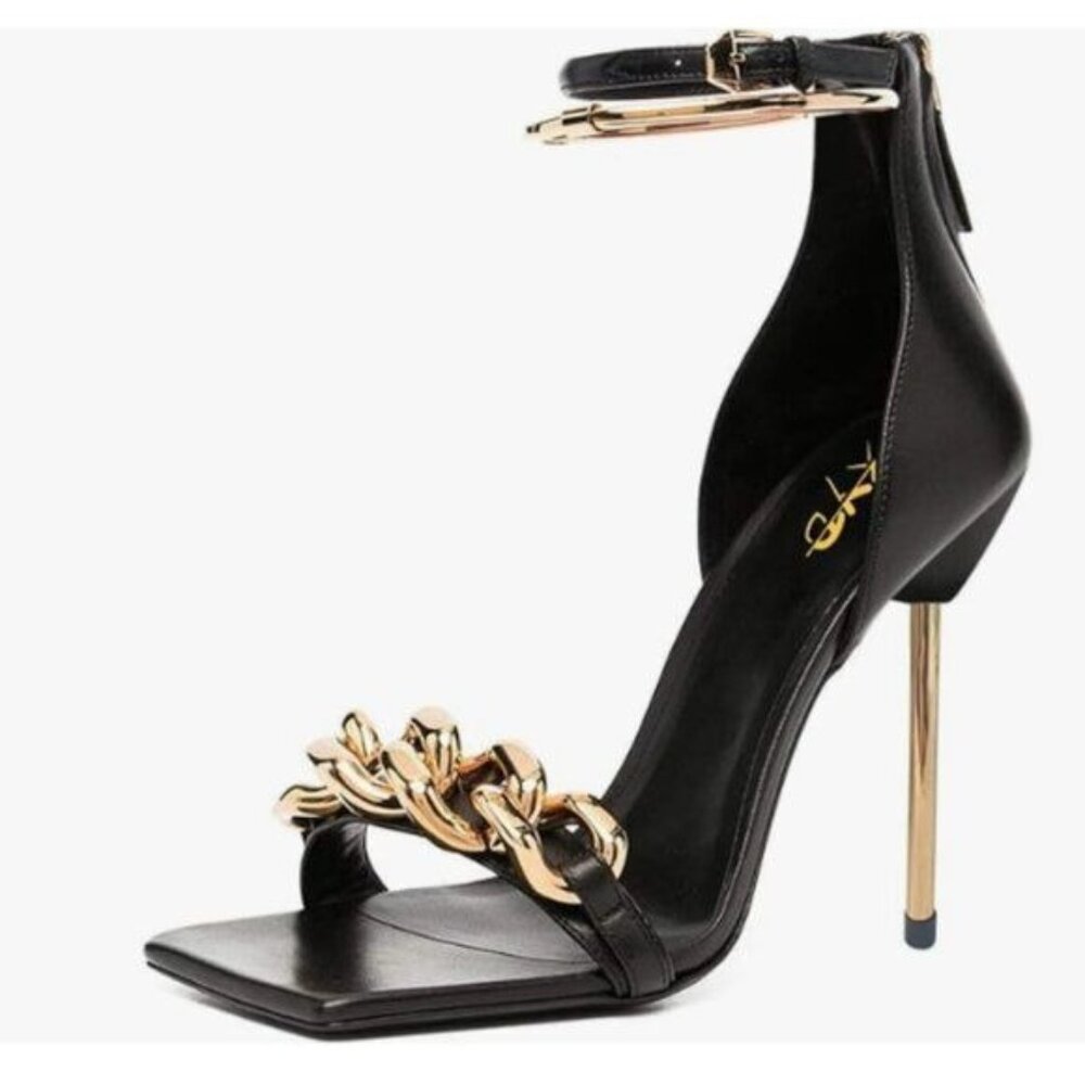 XYD Black Sexy Stiletto Heel Sandals Open Square Toe Metal Ring Back Zip Shoes